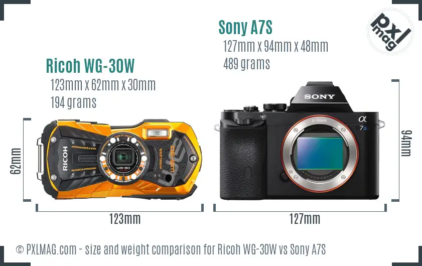 Ricoh WG-30W vs Sony A7S size comparison