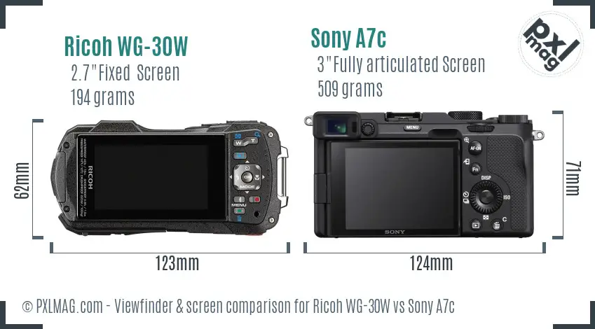 Ricoh WG-30W vs Sony A7c Screen and Viewfinder comparison