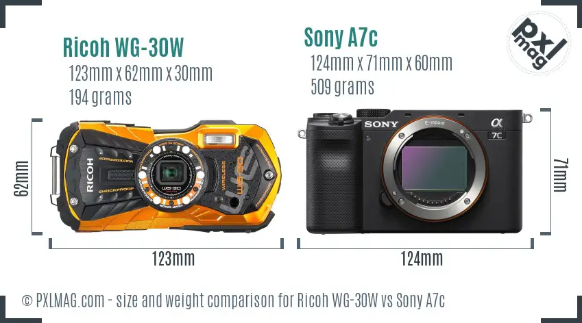 Ricoh WG-30W vs Sony A7c size comparison
