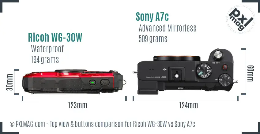 Ricoh WG-30W vs Sony A7c top view buttons comparison
