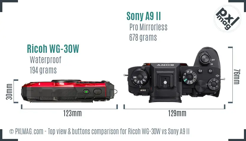 Ricoh WG-30W vs Sony A9 II top view buttons comparison