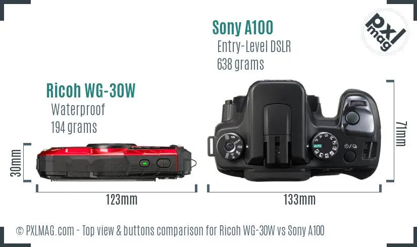 Ricoh WG-30W vs Sony A100 top view buttons comparison Ricoh WG-30W vs Sony A100 top view buttons comparison