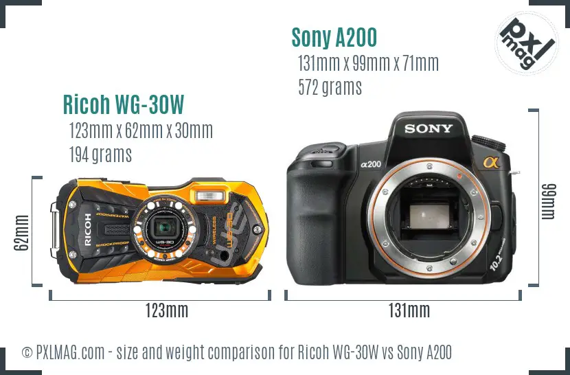 Ricoh WG-30W vs Sony A200 size comparison