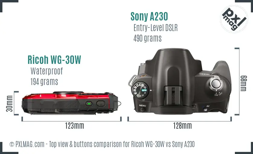 Ricoh WG-30W vs Sony A230 top view buttons comparison