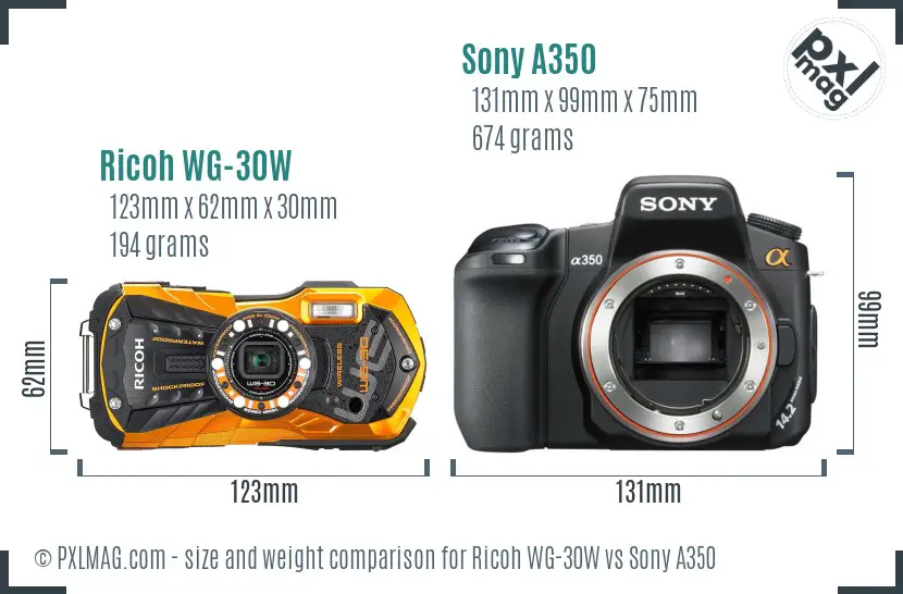 Ricoh WG-30W vs Sony A350 size comparison