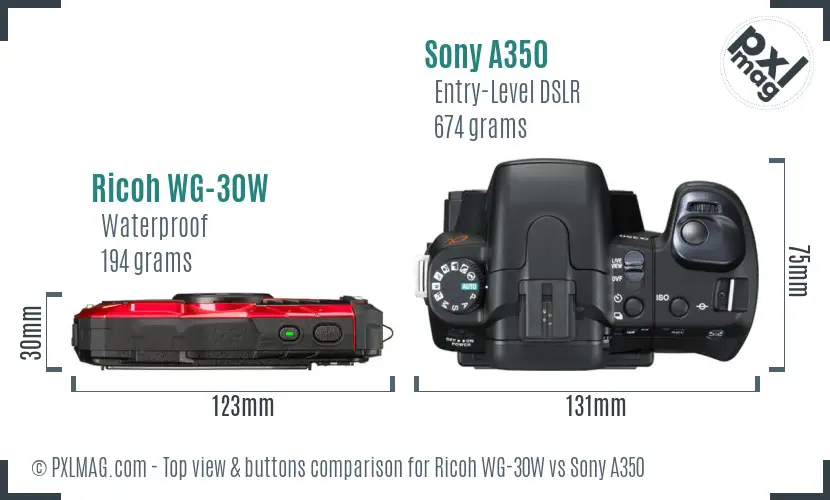 Ricoh WG-30W vs Sony A350 top view buttons comparison