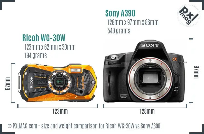 Ricoh WG-30W vs Sony A390 size comparison