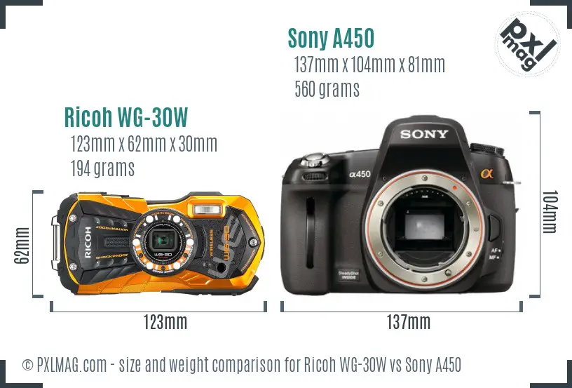 Ricoh WG-30W vs Sony A450 size comparison