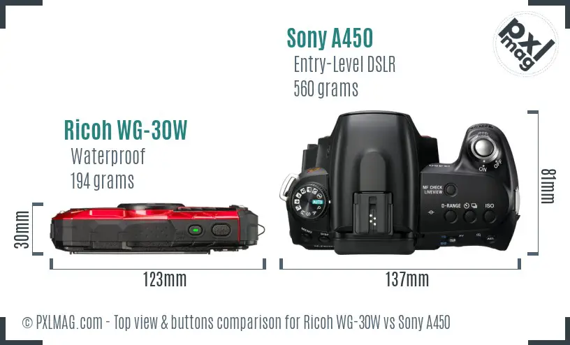 Ricoh WG-30W vs Sony A450 top view buttons comparison
