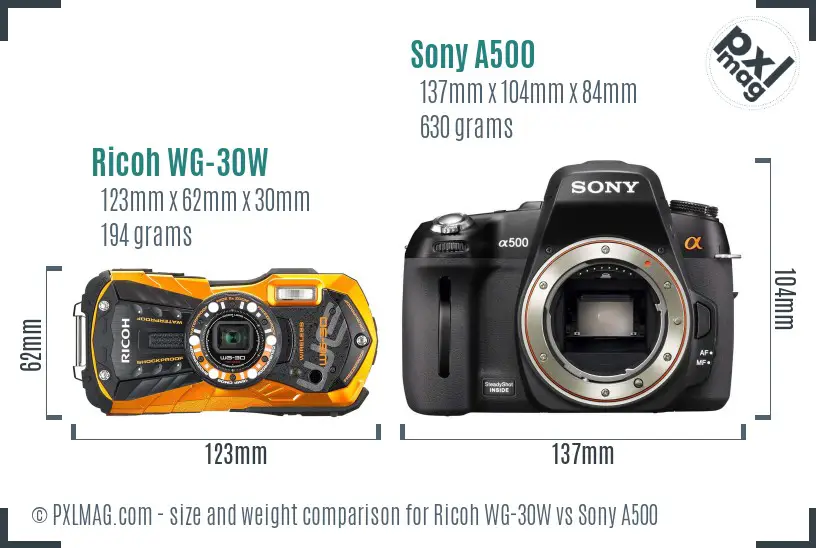 Ricoh WG-30W vs Sony A500 size comparison