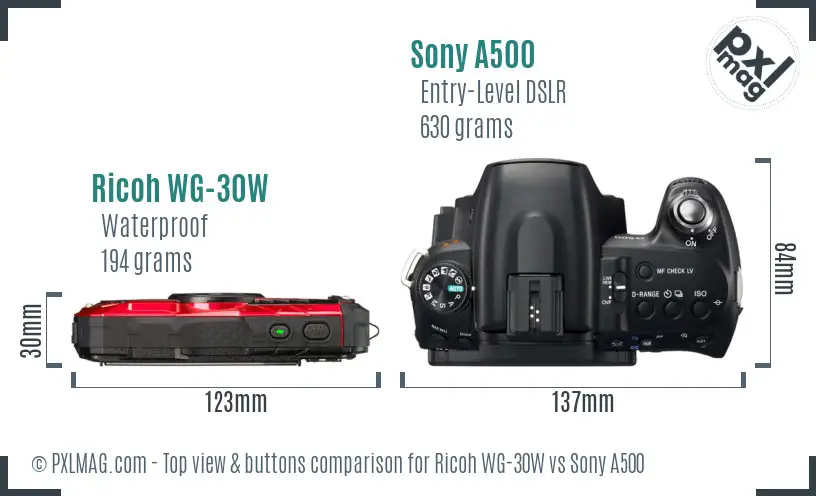 Ricoh WG-30W vs Sony A500 top view buttons comparison