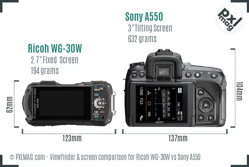 Ricoh WG-30W vs Sony A550 Screen and Viewfinder comparison
