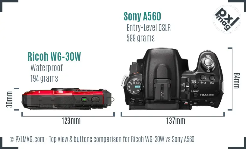 Ricoh WG-30W vs Sony A560 top view buttons comparison