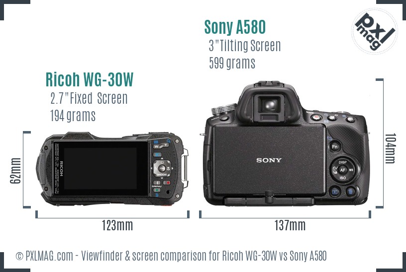 Ricoh WG-30W vs Sony A580 Screen and Viewfinder comparison