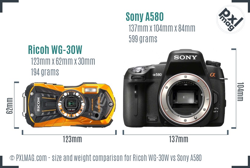 Ricoh WG-30W vs Sony A580 size comparison