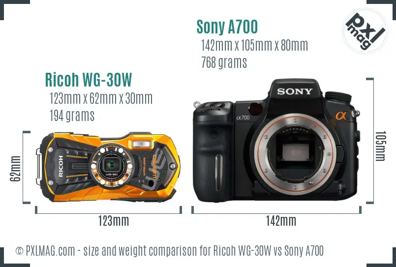 Ricoh WG-30W vs Sony A700 size comparison