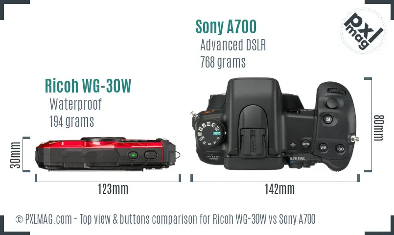 Ricoh WG-30W vs Sony A700 top view buttons comparison