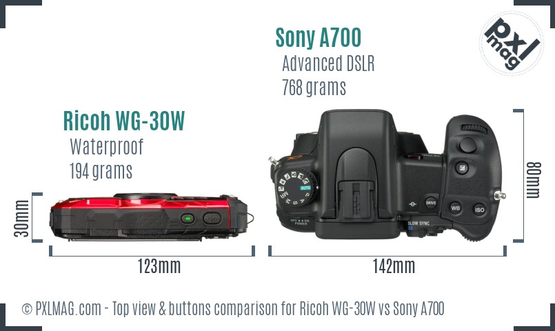 Ricoh WG-30W vs Sony A700 top view buttons comparison