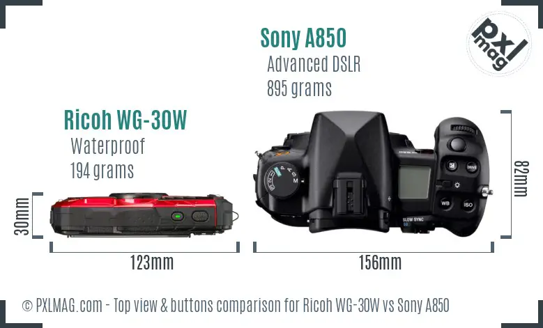 Ricoh WG-30W vs Sony A850 top view buttons comparison