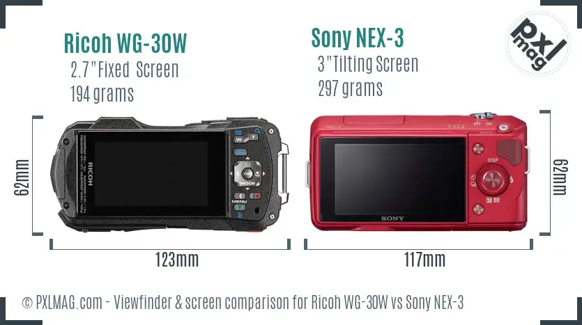 Ricoh WG-30W vs Sony NEX-3 Screen and Viewfinder comparison