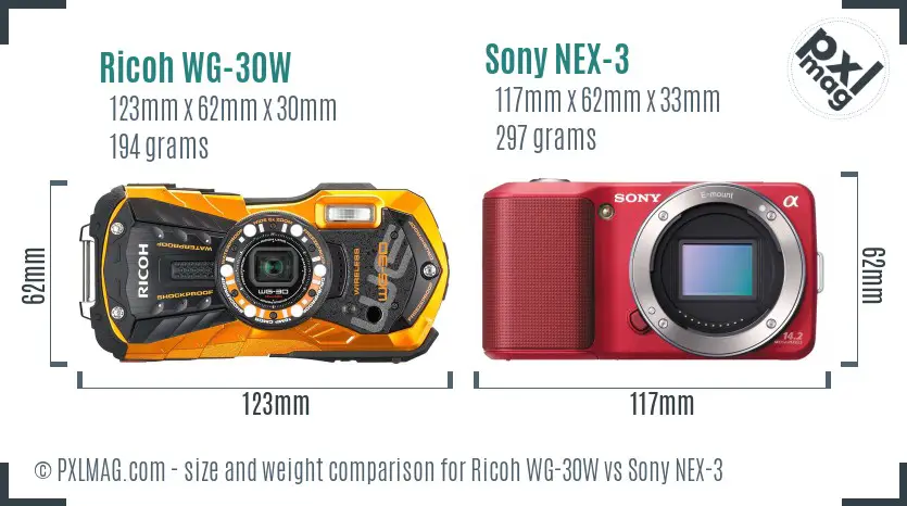 Ricoh WG-30W vs Sony NEX-3 size comparison