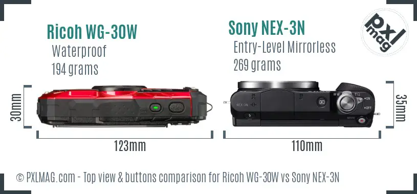Ricoh WG-30W vs Sony NEX-3N top view buttons comparison Ricoh WG-30W vs Sony NEX-3N top view buttons comparison