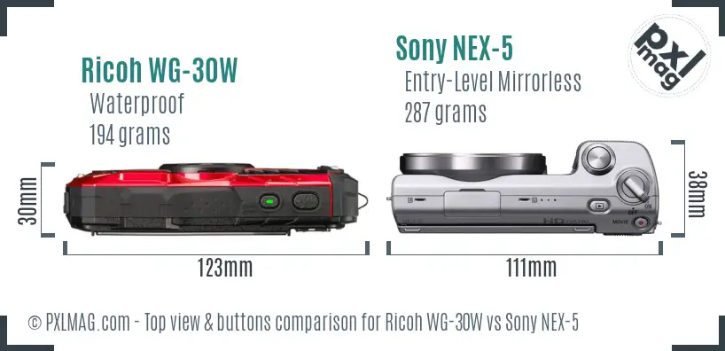 Ricoh WG-30W vs Sony NEX-5 top view buttons comparison Ricoh WG-30W vs Sony NEX-5 top view buttons comparison