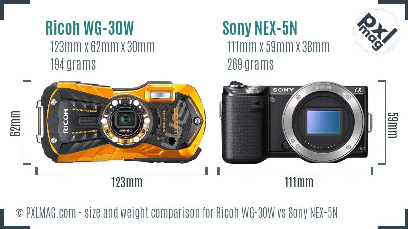 Ricoh WG-30W vs Sony NEX-5N size comparison