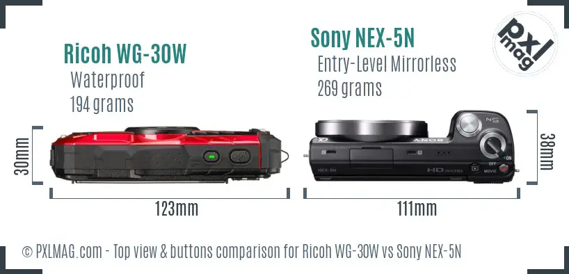 Ricoh WG-30W vs Sony NEX-5N top view buttons comparison