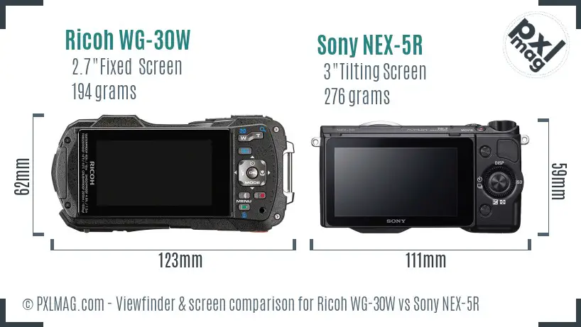 Ricoh WG-30W vs Sony NEX-5R Screen and Viewfinder comparison