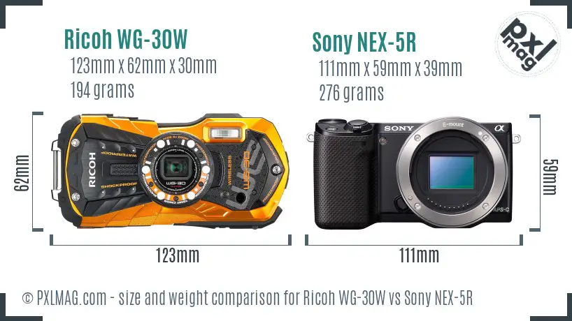 Ricoh WG-30W vs Sony NEX-5R size comparison