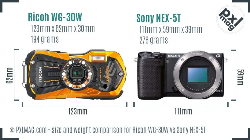 Ricoh WG-30W vs Sony NEX-5T size comparison