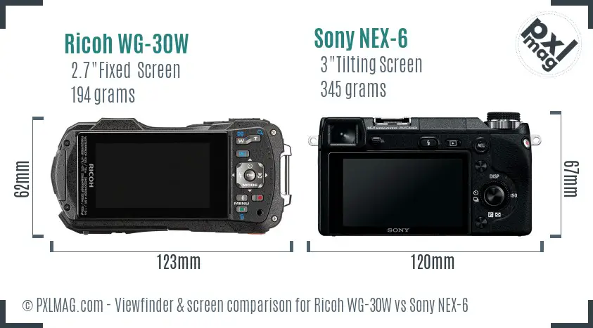 Ricoh WG-30W vs Sony NEX-6 Screen and Viewfinder comparison