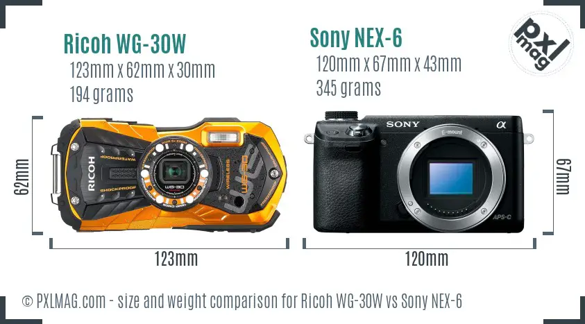 Ricoh WG-30W vs Sony NEX-6 size comparison