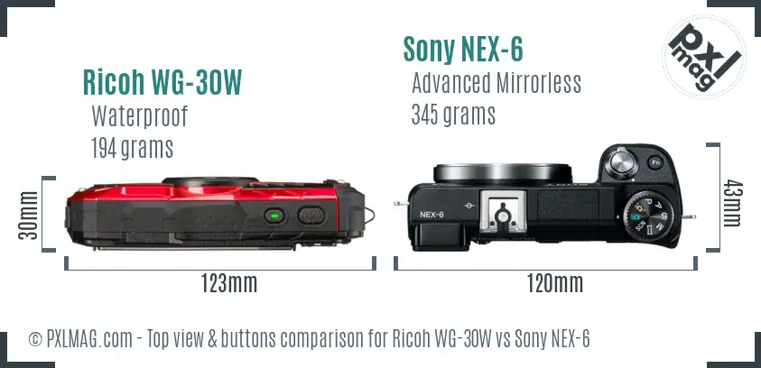 Ricoh WG-30W vs Sony NEX-6 top view buttons comparison