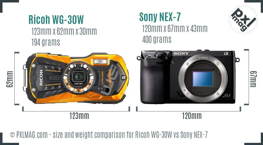 Ricoh WG-30W vs Sony NEX-7 size comparison