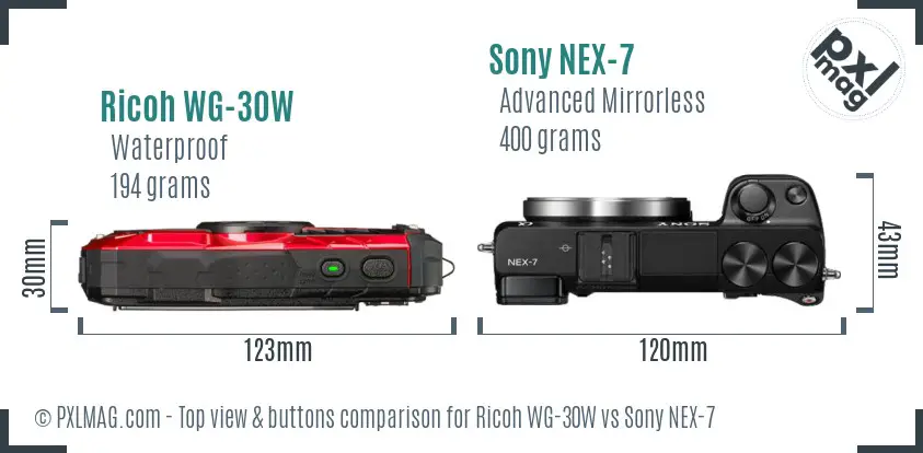 Ricoh WG-30W vs Sony NEX-7 top view buttons comparison