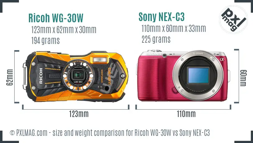 Ricoh WG-30W vs Sony NEX-C3 size comparison