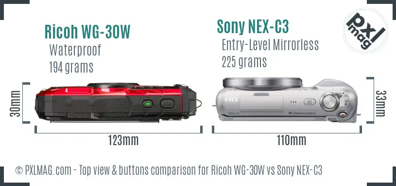 Ricoh WG-30W vs Sony NEX-C3 top view buttons comparison