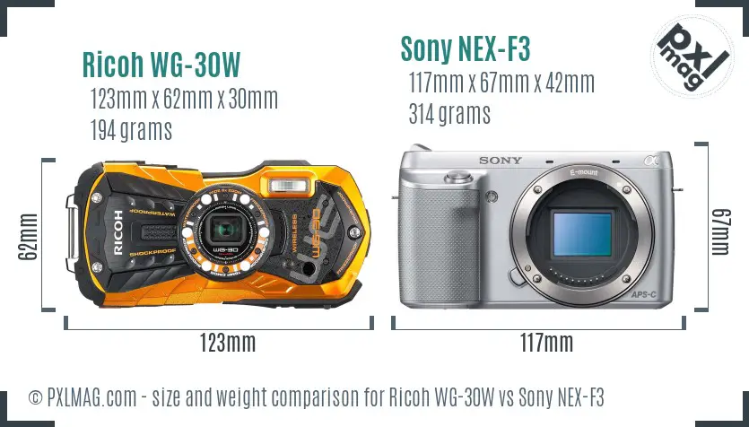 Ricoh WG-30W vs Sony NEX-F3 size comparison