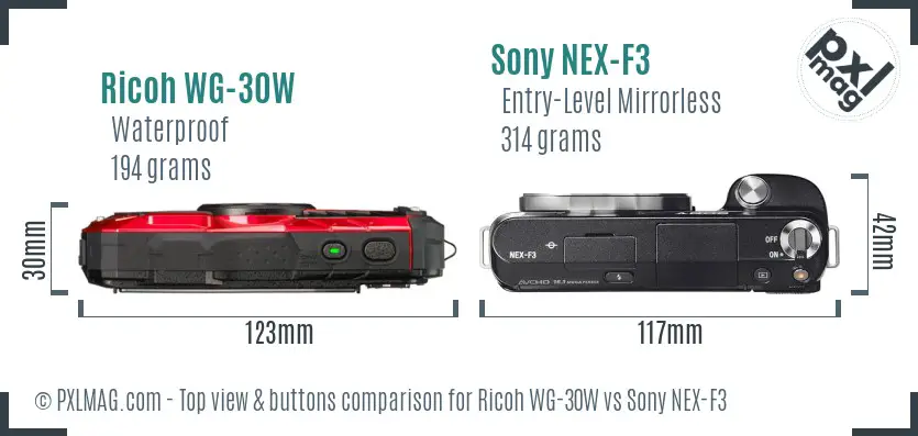 Ricoh WG-30W vs Sony NEX-F3 top view buttons comparison