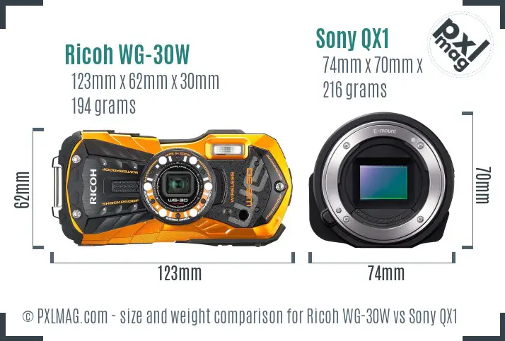 Ricoh WG-30W vs Sony QX1 size comparison