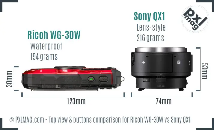 Ricoh WG-30W vs Sony QX1 top view buttons comparison