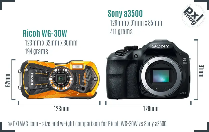 Ricoh WG-30W vs Sony a3500 size comparison