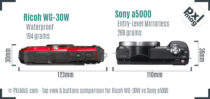 Ricoh WG-30W vs Sony a5000 top view buttons comparison
