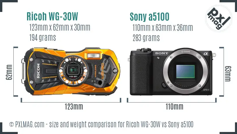 Ricoh WG-30W vs Sony a5100 size comparison