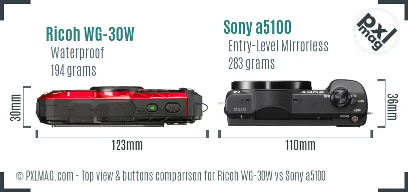 Ricoh WG-30W vs Sony a5100 top view buttons comparison