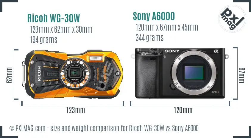 Ricoh WG-30W vs Sony A6000 size comparison