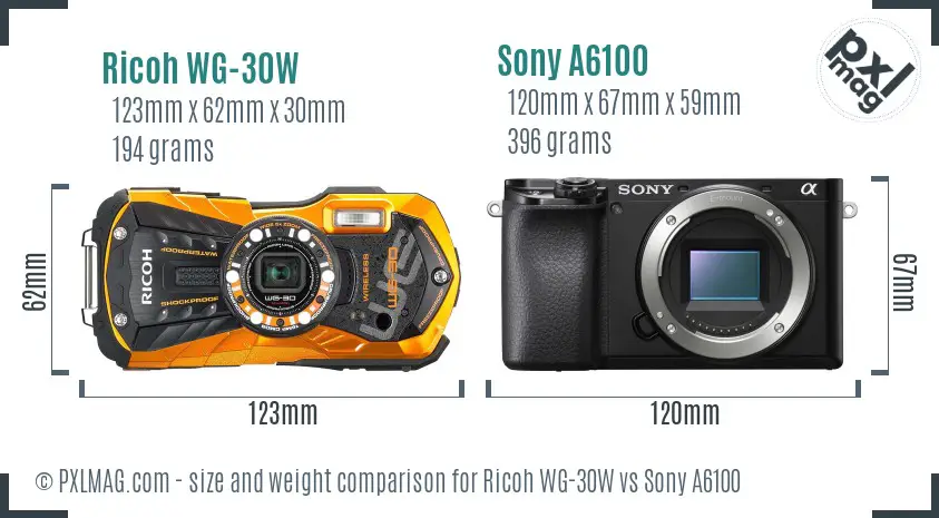 Ricoh WG-30W vs Sony A6100 size comparison