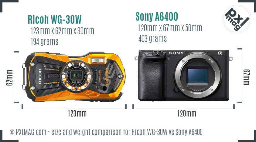 Ricoh WG-30W vs Sony A6400 size comparison